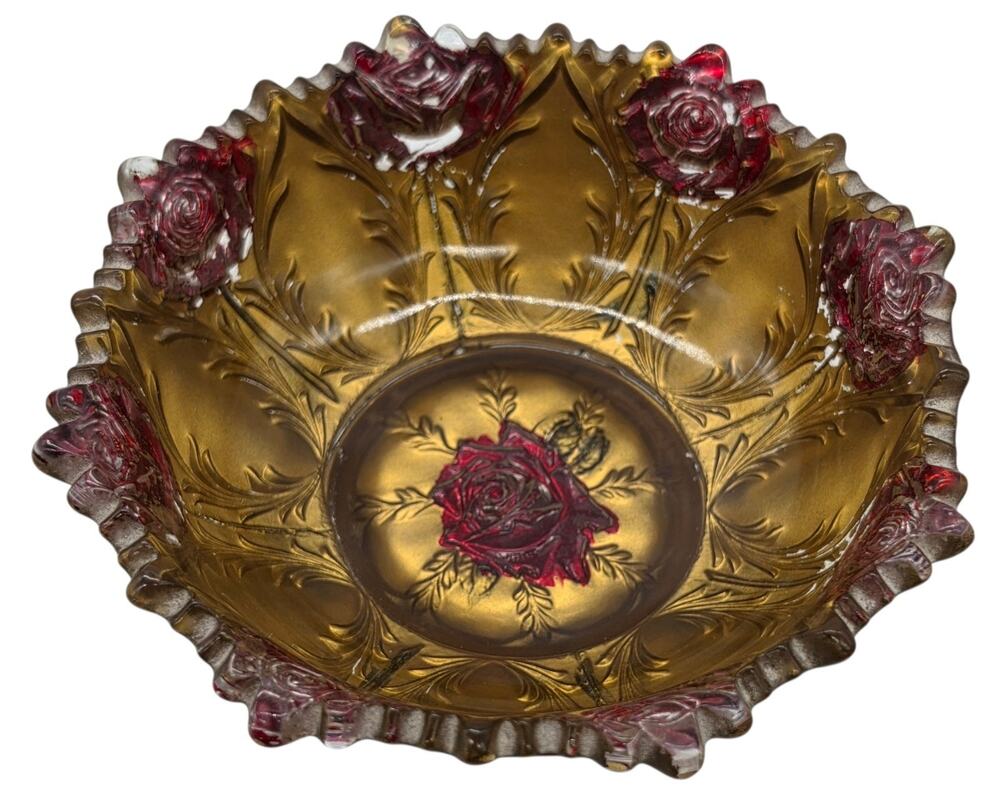 Vintage Carnival Goofus Glass Bright Gold and Red Rose Carnation Candy Trinket